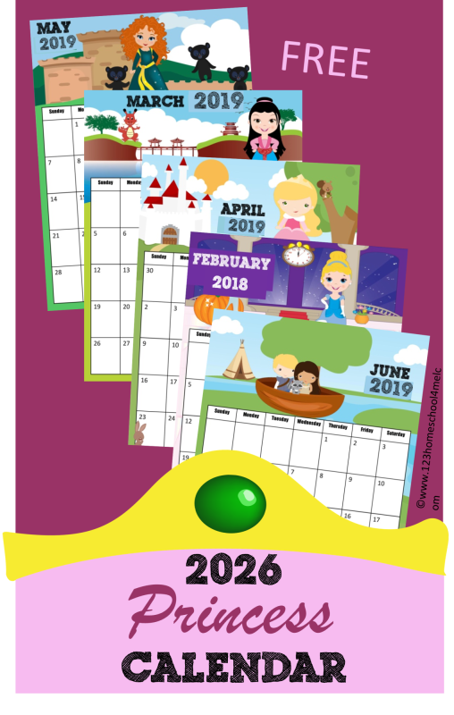 Who better than to help kids learn about calendars than princesses! Kids will love keeping track of upcoming holidays while learning about the days, months, and weeks of the year with this super cute, free printable Princess Calendar. This 2026 calendar printable pdf file template includes your child's favorite Disney princess such as Princess Tiana, Princess Jasmine, Queen Elsa, Princess Anna, Princess Rapunzel (Tangled) , Snow White, Cinderella, Belle, Mulan, Sleeping Beauty (Aurora), Merida, Pocahontas, and Ariel (Little Mermaid), and more! Print the pages and assemble your free calendar for toddler, preschool, pre k, kindergarten, first grade, 2nd grade and more! Calendar updated annually!