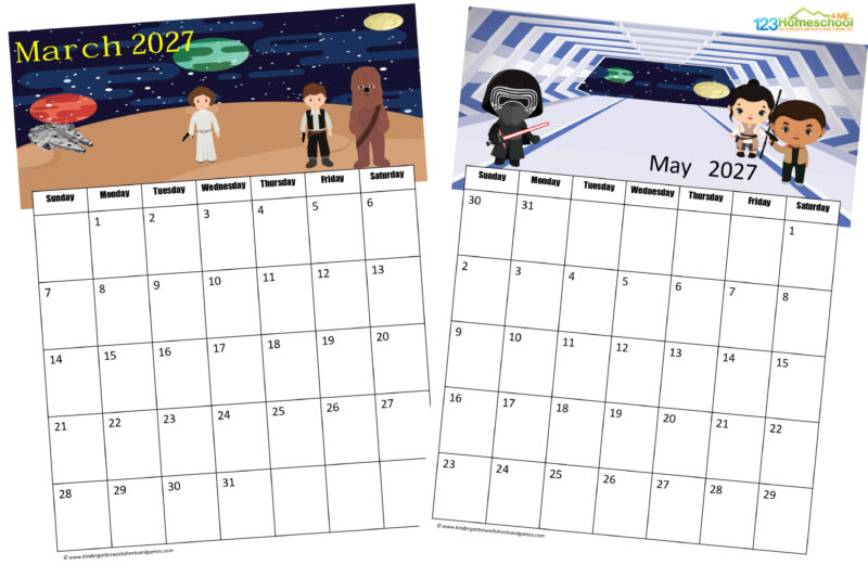 Grab this super cute, free printable Star Wars calendar for 2027 that features kid favorite characters to help kids get organized!
*Stop by back next year for a 2028 calendar!