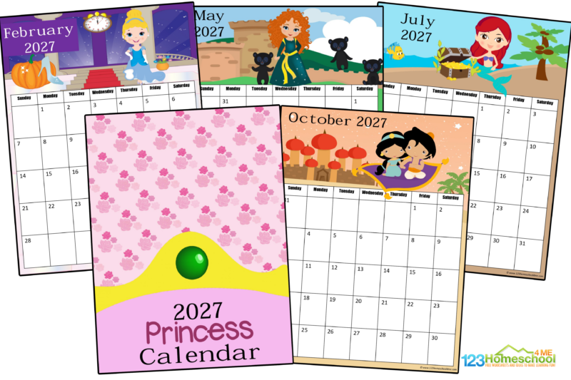 Just print these pages in color. You may want to print them on cardstock for durability. Now you have a hand free 2027 calendar you can use wherever you'd like!

January 2027 Calendar - Anna, Elsa, and Olaf from Frozen

February 2027 Calendar - Cinderella, with a clock, pumpkin, and glass slipper

March 2027 Calendar - Mulan in China

April 2027 Calendar - Sleeping Beauty in pink dress with white castle

May 2027 Calendar - Merida with 3 brother bears from Brave

June 2027 Calendar - Pocahontas and racoon friend

July 2027 Calendar - Ariel with treasure chest and flounder from Little Mermaid

August 2027 Calendar - Tiana from The Princess and the Frog

September 2027 Calendar - Rapunzel, Pascal, and tower from Tangled

October 2027 Calendar - Jasmine and Aladin flying on magic carpet over Agrabah Palace

November 2027 Calendar - Snow White with the cottage and 7 dwarfs

December 2027 Calendar - Belle, Lumiere, Cogsworth, and Chip with a Christmas tree