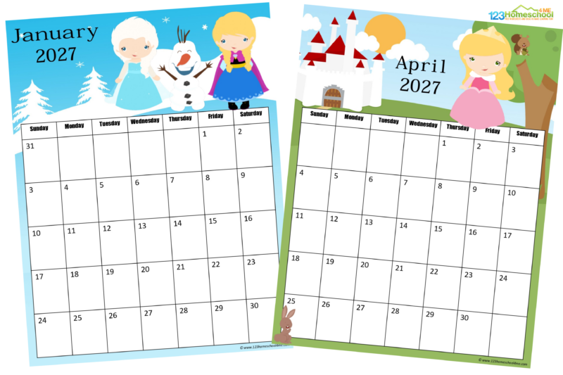 Print the 2027 FREE Printable Princess Calendar to keep track of upcoming events and learning about days / months of the year.