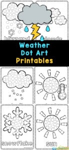 With these fun and free Weather Dot Art Printables, young children from toddler, pre-k, and kindergarten will love working on their fine motor skills while learning about weather for kids. With these weather printables they will be learning different types of weather in age appropriate weather worksheet preschool.  Simply download and print the weather activity sheets and you are ready to play and learn!