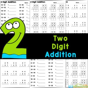 Get free printable two-digit addition worksheets perfect for first graders to practice double digit adding with regrouping!