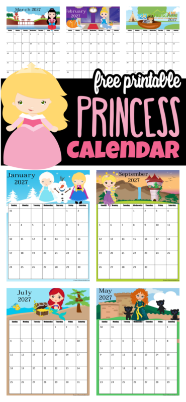 Who better than to help kids learn about calendars than princesses! Kids will love keeping track of upcoming holidays while learning about the days, months, and weeks of the year with this super cute, free printable Princess Calendar. This 2027 calendar printable pdf file template includes your child's favorite Disney princess such as Princess Tiana, Princess Jasmine, Queen Elsa, Princess Anna, Princess Rapunzel (Tangled) , Snow White, Cinderella, Belle, Mulan, Sleeping Beauty (Aurora), Merida, Pocahontas, and Ariel (Little Mermaid), and more! Print the pages and assemble your free calendar for  toddler, preschool, pre k, kindergarten, first grade, 2nd grade and more! Calendar updated annually!