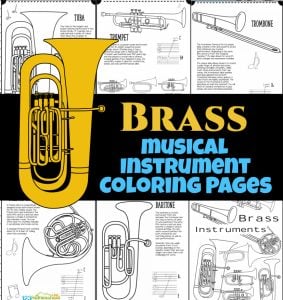Download our brass instrument coloring pages for kids to discover fun facts, history, and hear sounds of trumpets, trombones, tubas, and more!