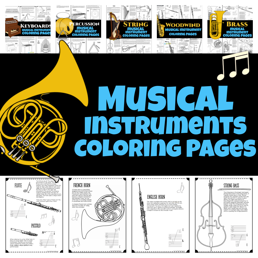 Musical Instruments Coloring Pages BUNDLE - All 5 Instrument Families ...