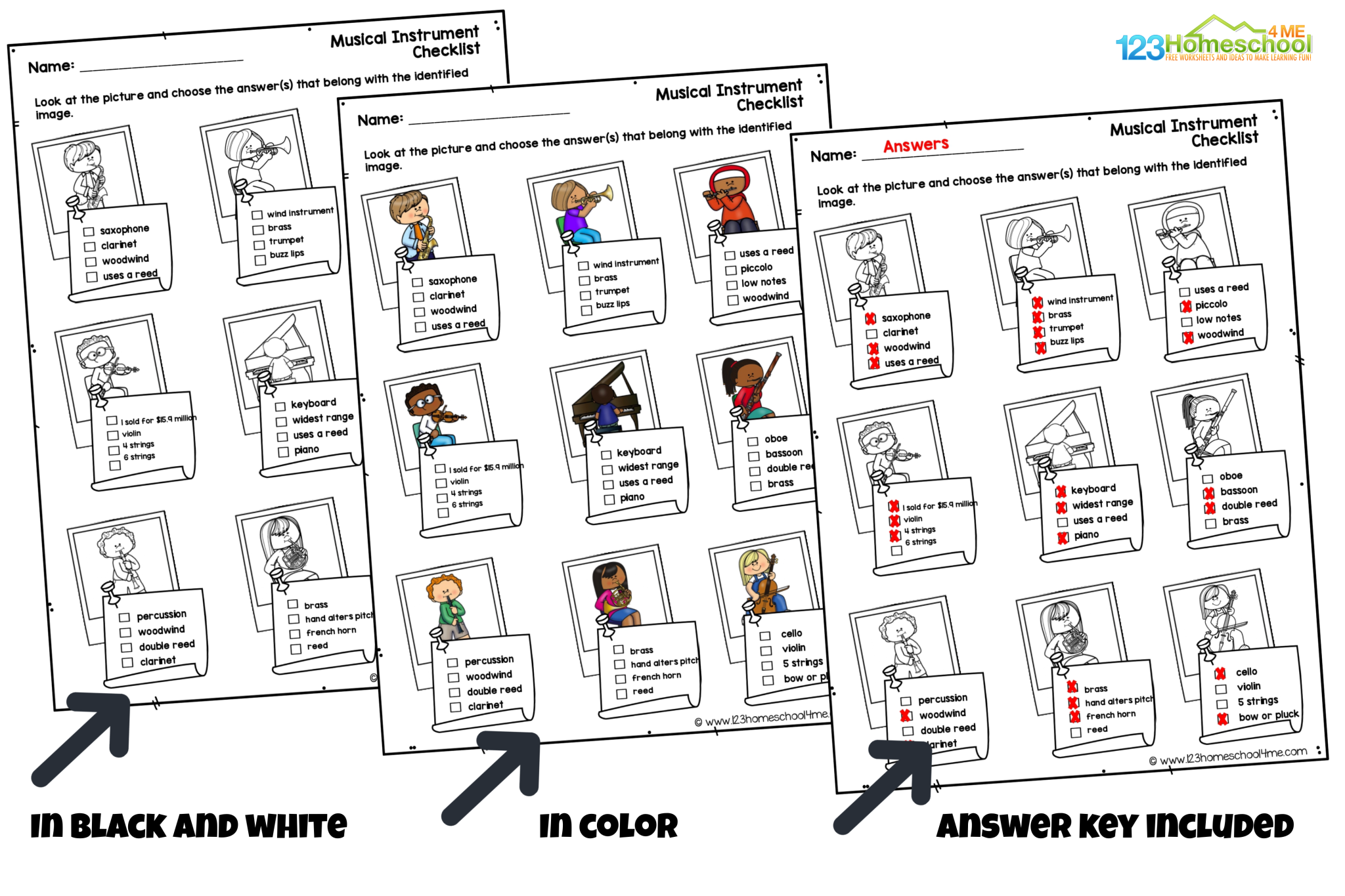 Musical Instruments Pictures with Names Worksheet