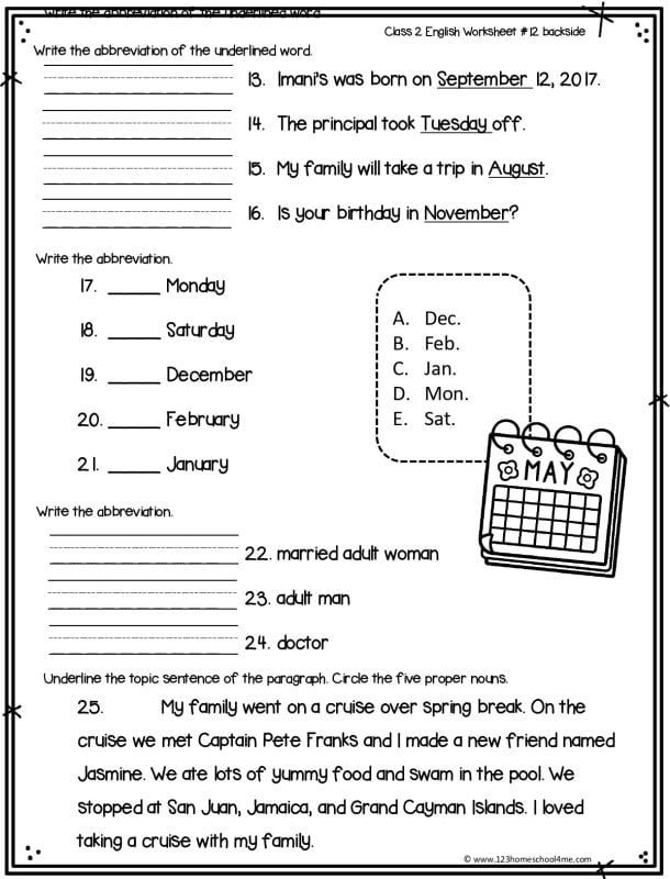 2nd grade abbreviation worksheet