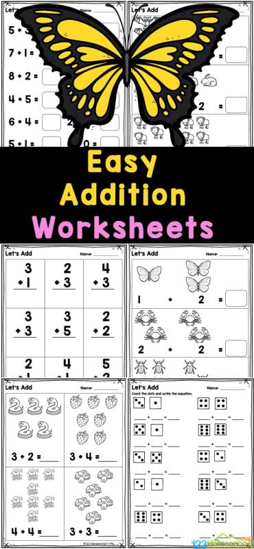 Are you looking for some easy addition worksheets? These no-prep, easy kindergarten addition worksheets  are a great way to work on learning math while having fun. Use these add to 10 worksheet with kg students to form a solid foundation for combing numbers. There are 12 pages of free printable addition worksheets that include the answer key! Simply download the addition to 10 worksheets and you are ready to go! 