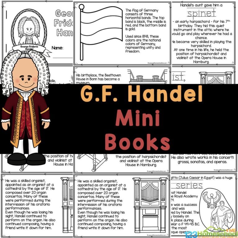 Explore the life and work of famous music composer George Frideric Handle with a free printable mini-book for kids to read, color & learn!