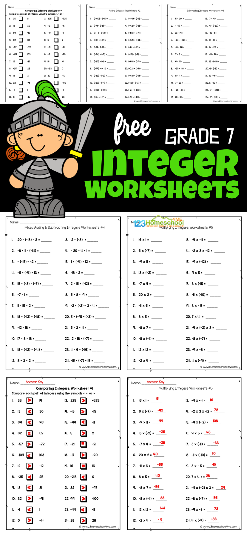 Integers Worksheets for Grade 7 Math