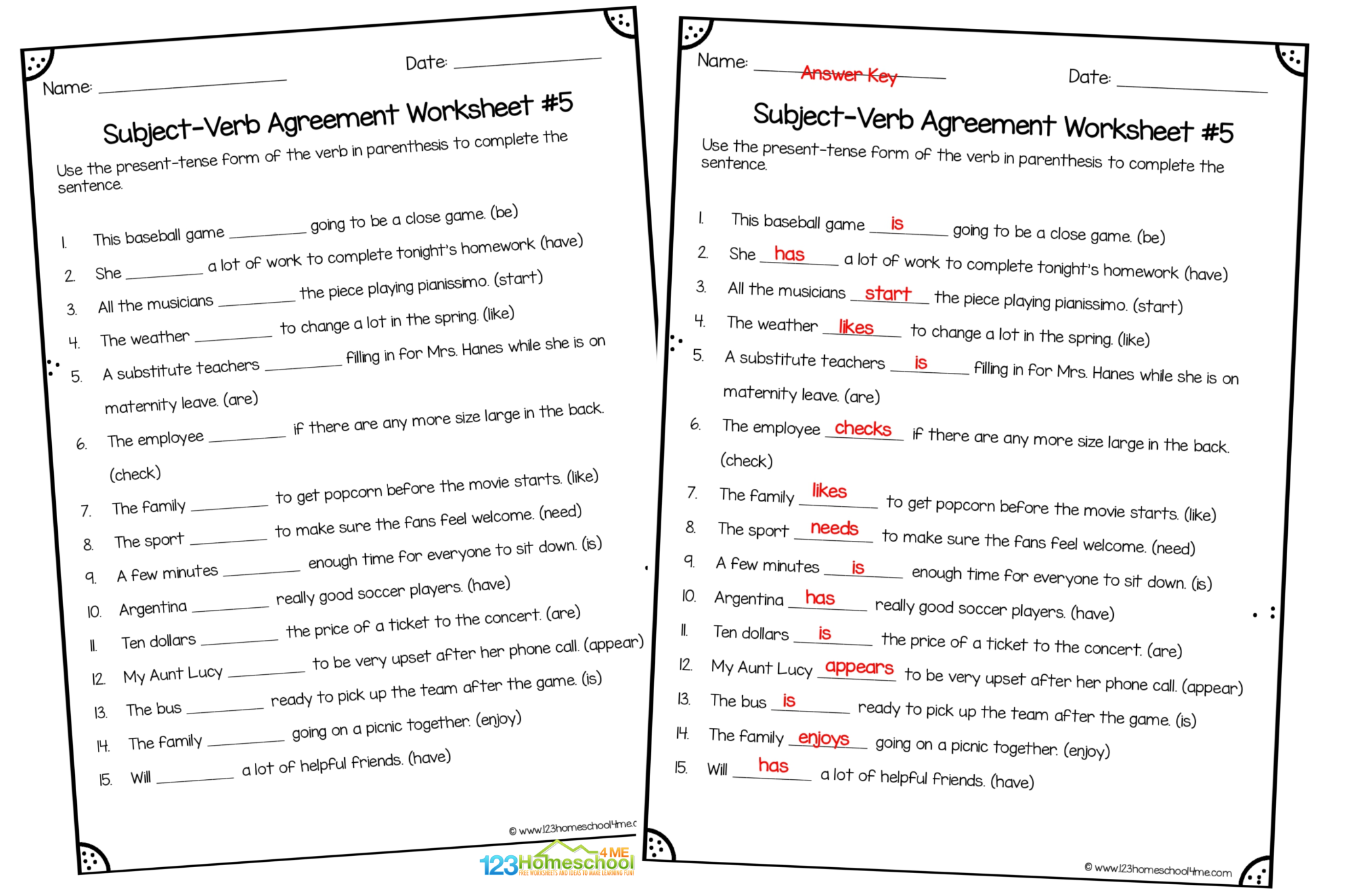 Subject Verb Agreement Worksheets with Answers pdf