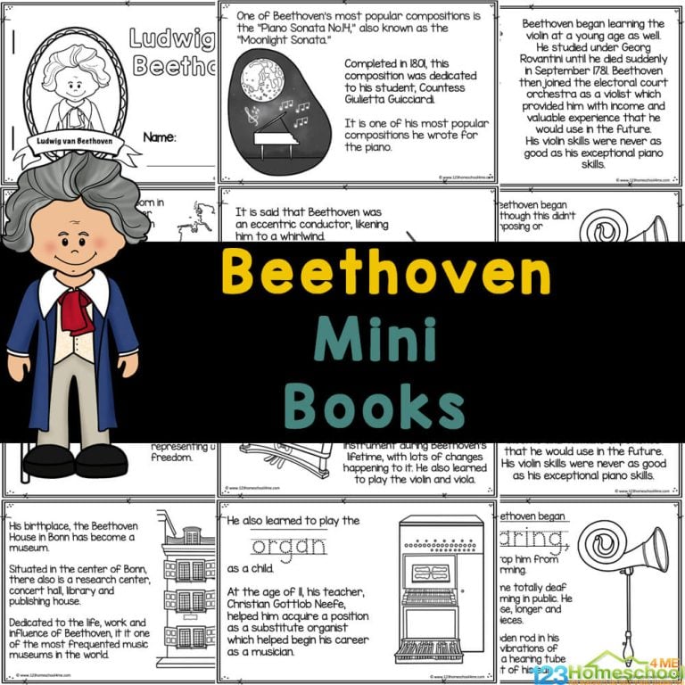 Grab free printable Beethoven for Kids mini-book to learn about the famous music composer’s life and music!