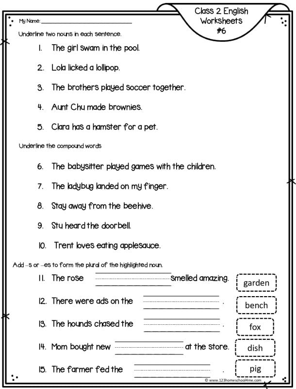 compound word, nouns, and plural noun worksheet for 2nd graders