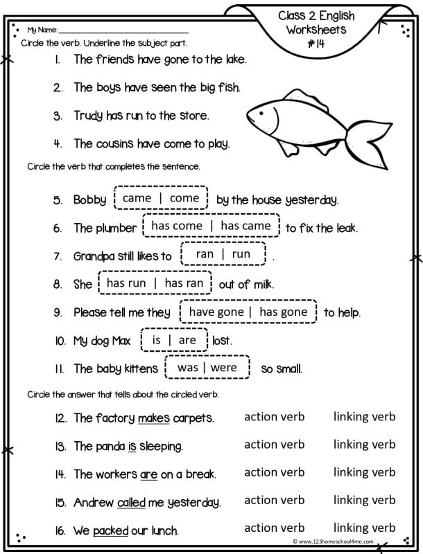 free verb worksheet for grade 2