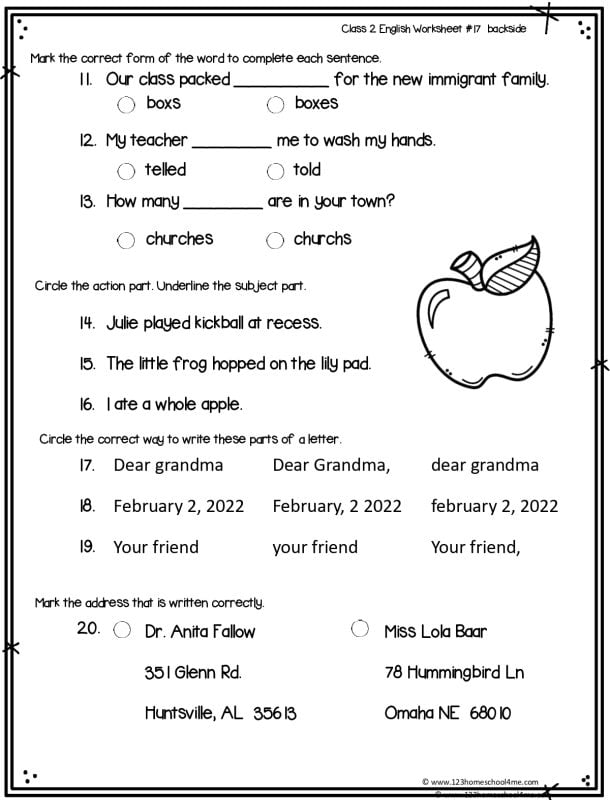 grade 2 english grammar worksheet