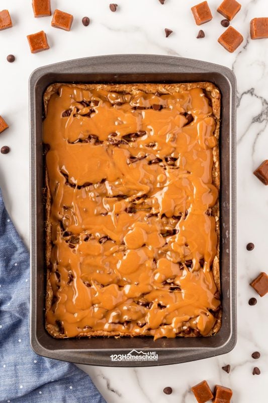pour caramel mixture over chocolate chips