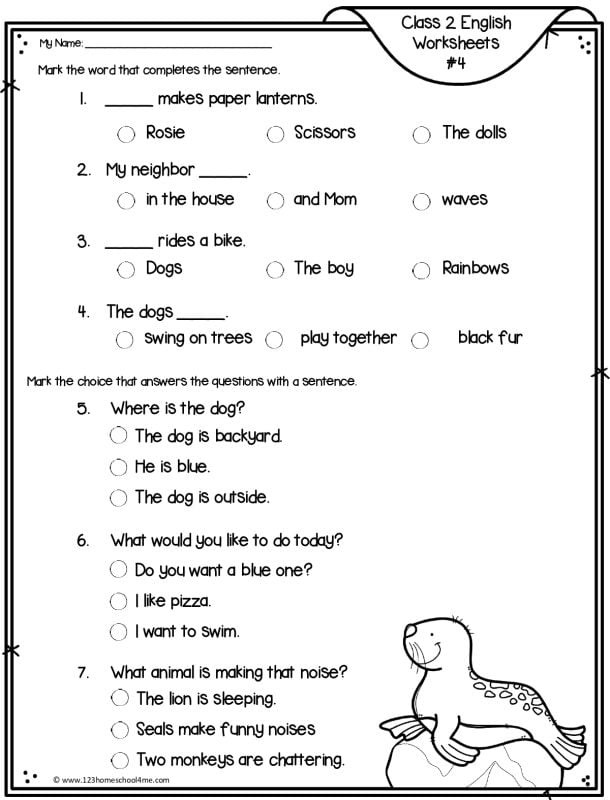 sentence worksheet for class 2