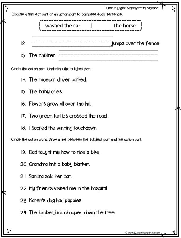 subject part action part worksheet
