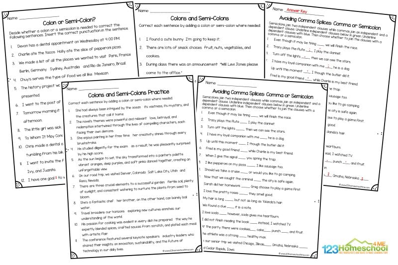 Colon semicolon worksheet