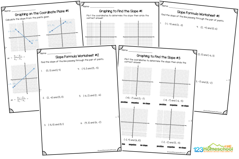Find the slope of each line There are 10 pages in this pack of graphing to find slope worksheet pages including:
Slope formula poster
Graphing on a coordinate plane: calculate the slope from the points given (4 pages)
Graphing to find the slope: positive, negative, no slope (3 pages)
Slope Formula Worksheets (2 pages)
Find the slope of each line