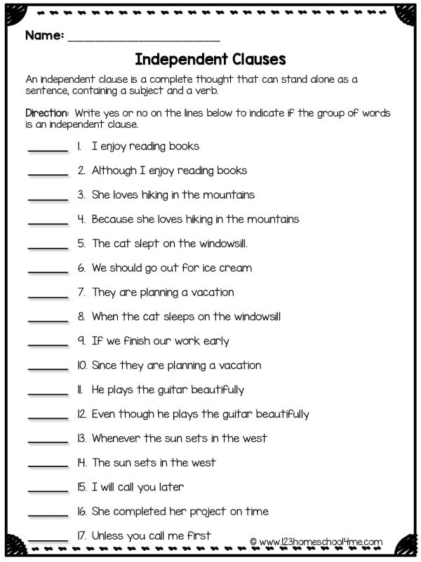 Independent Clauses worksheets