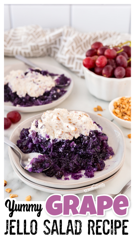 Are you looking for a yummy jello salad recipe? Try Grape Delight a layered jello salad filled with grape, pineapple, and blueberry flavors topped with a sweet and tangy top layer. Let me show you how to make grape salad with our grape jello salad recipe!