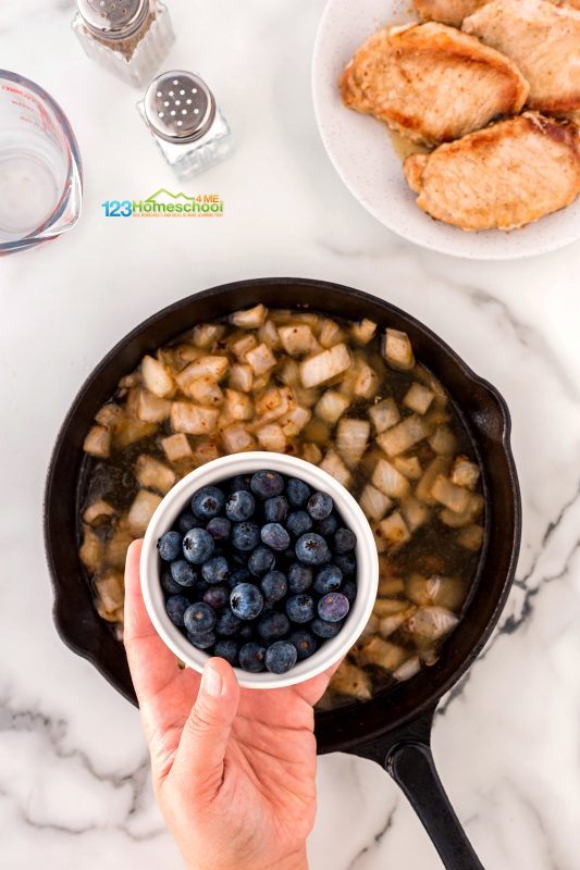 Add some chicken broth and fresh blueberries to your sautéed onions. Bring it to a boil for about 5-7 minutes, then season it to taste with salt and pepper. add blueberries to pan