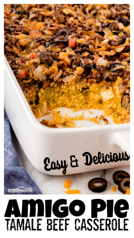 Looking for something yummy to make for dinner? Amigo Pie is a delicious beef casserole recipe that the whole family will love. This is a modern twist on a 1950s recipe for tamale pie that has become an easy, quick dinner for my family. You will love the seasoned beef on a yummy cornmeal layer in this tamale pie recipe! Looking for something yummy to make for dinner? Amigo Pie is a delicious beef casserole recipe that the whole family will love. This is a modern twist on a 1950s recipe for tamale pie that has become an easy, quick dinner for my family. You will love the seasoned beef on a yummy cornmeal layer in this tamale pie recipe!