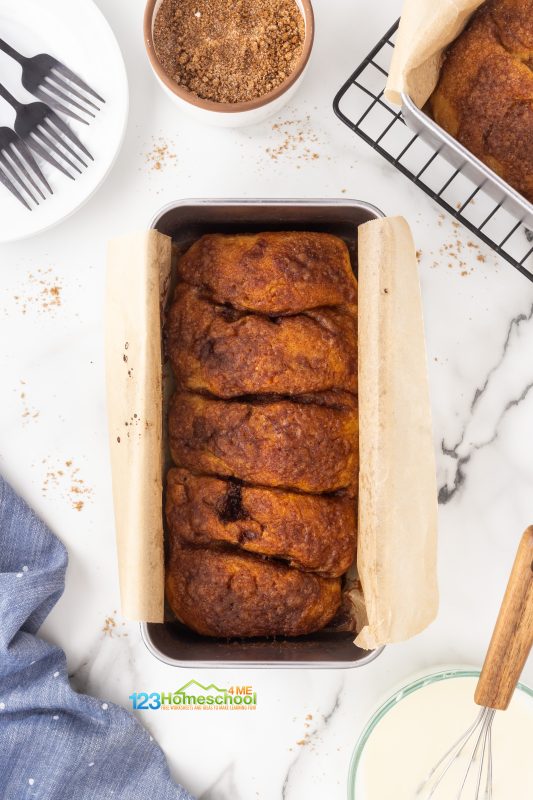 bake bread in loaf pan Transfer the loaves into the prepared pans and generously drizzle them with any leftover melted butter and cinnamon sugar. Bake in the oven until they're beautifully golden brown, about 25 to 30 minutes. Your kitchen will smell amazing!