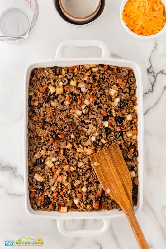 Spoon the delicious meat mixture into your baking dish and gently press it down to even it out. Next, sprinkle the remaining cup of shredded cheddar cheese on top for that perfect melty goodness. Bake in a preheated oven at 400°F for 25 minutes until golden and bubbly. Serve warm! beef recipes