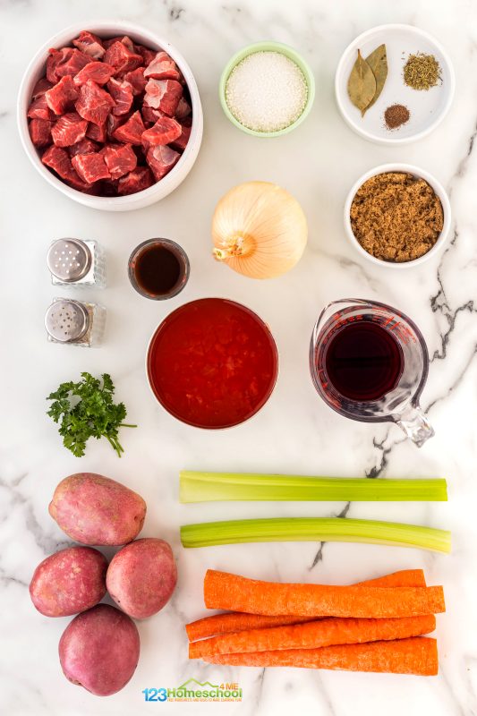 beef stew ingredients All you need to make this mouth-watering homemade stew are the following ingredients: lean beef chuck, cubed - I get the pre-cubed packages from Costco onion potatoes carrots celery Worcestershire red wine (optional, but adds a great flavor) brown sugar salt pepper allspice thyme bay leaves Minute Tapioca canned diced tomaotes parsley (garnish)