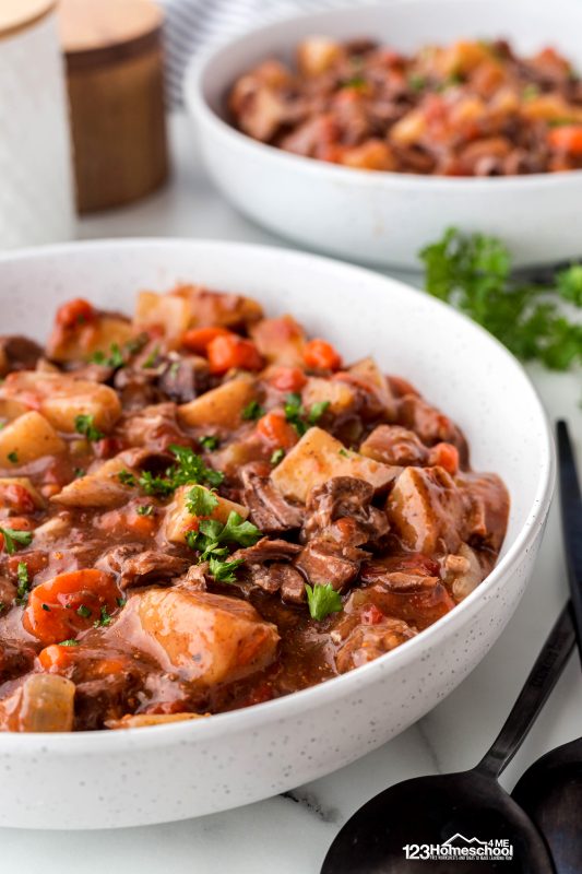 We like to serve this stew with good french bread for dipping and soaking up all that juicy gravy this stew creates! beef stew recipe
