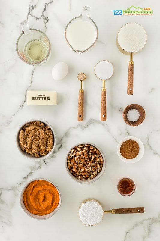 These homemade cinnamon rolls with pumpkin filling are super easy to make. Just grab the following ingredients and let's get started!

yeast
milk
salt
granulated sugar
canola oil
egg
all purpose flour
canned pumpkin
brown sugar
butter
pumpkin pie spice
pecans
powdered sugar
pure maple syrup