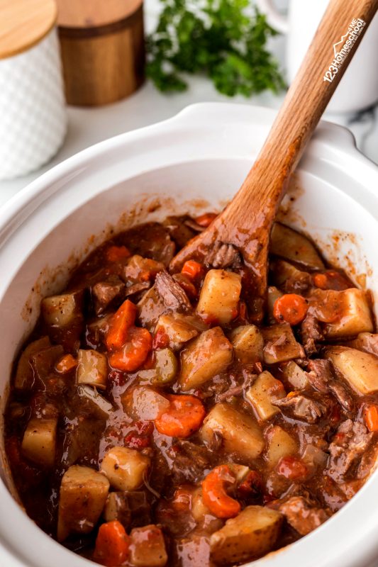 traditional beef stew recipe Enjoy the amazing aroma filling your kitchen as it cooks in slow cooker on high for 6 hours or low for 8-10 hours.