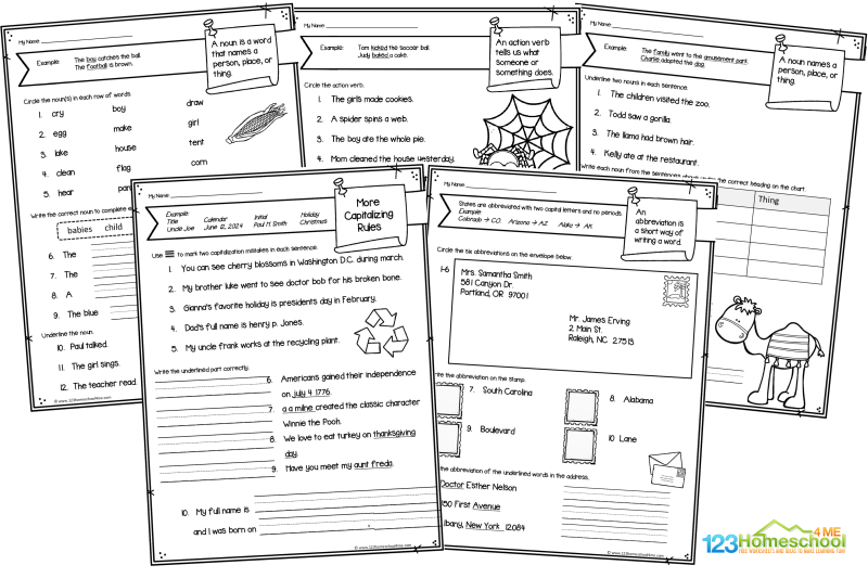 These 2nd grade langauge arts worksheets cover a variety of topics, including: what is a sentence, nouns and their types, parts of a sentence (action and naming), action verbs, proper nouns, sentence structure, punctuation, types of sentences (command, statement, question exclamation), sentence fragments, compound words, plural nouns: regular and irregular, commas, abbreviations, possessive nouns, pronouns (singular, plural, and possessive), helping and linking verbs, adverbs, adjectives, synonyms, parts of a book, how to use a dictionary, and more!  