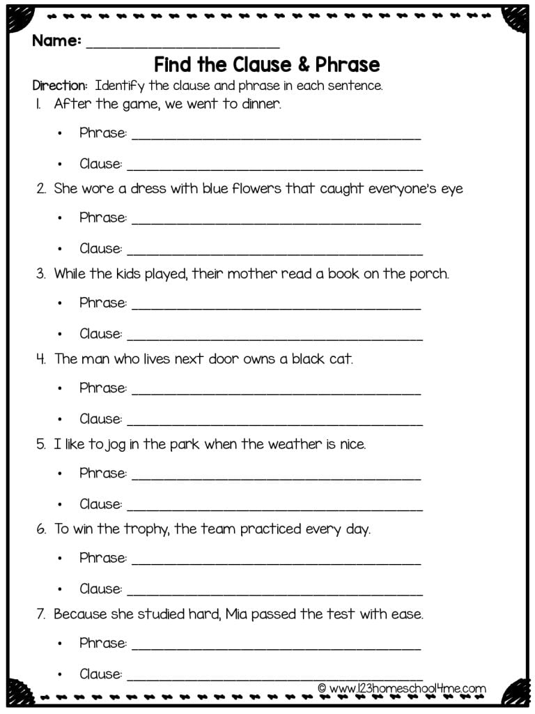 Phrases and Clauses Exercises - Free Worksheets for 7th-12th Grade