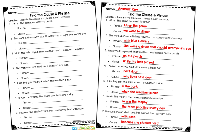 Phrases and Clauses Worksheets with Answers