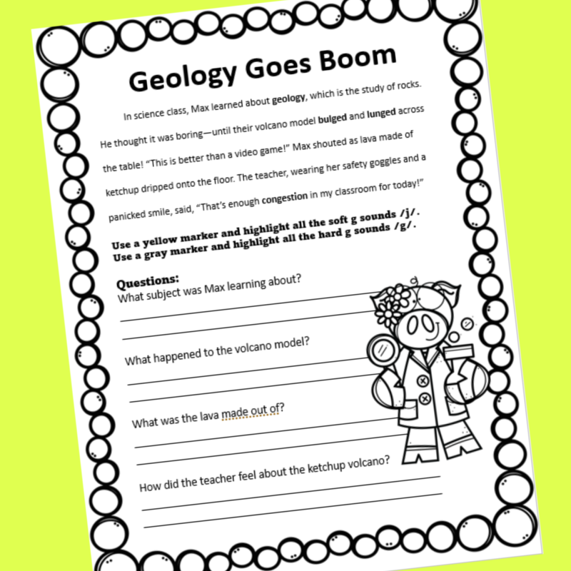 Learning to recognize soft G words doesn’t have to be boring! With this silly, story-based activity, kids practice identifying the /j/ sound made by the letter G—just like in “giraffe.” Plus, they'll answer comprehension questions to boost their reading skills. Let's dive in!