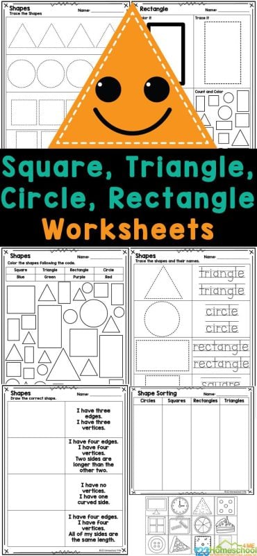 Grab this pack of circle triangle square rectangle worksheet pages to make learning fun! These shapes activity sheets help preschool, pre-k, and kindergarten students learn about the main shapes. Plus these shape worksheets help children work on their fine motor skills too. 
