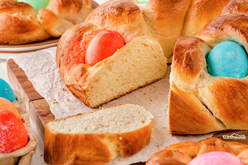 Easter Egg Bread To whip up this pretty Easter bread all you need are a few simple ingredients: granulated (white) sugar active dry yeast salt all-purpose flour milk butter eggs food coloring - I use food based natural coloring Canola oil heavy whipping cream