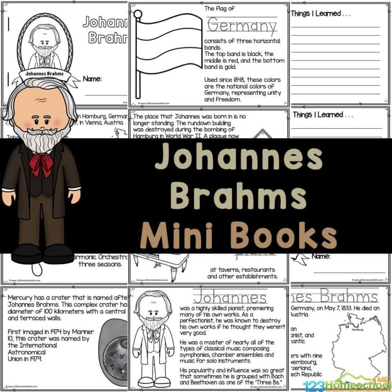 Discover the fascinating life and music of Johannes Brahms with our free printable mini-book, perfect for kids to read, color, and learn at home or in the classroom!