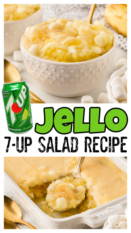 Add this refreshing 7 up salad to your summer gatherings! This seven up salad is simple to make and the perfect side dish for potlucks, bbq, and more!  This lime jello salad is loaded with flavor, sweet pineapple, plus kid-favorite marshmallows and cool whip! This nostalgic 7 up salad recipe is a must try!