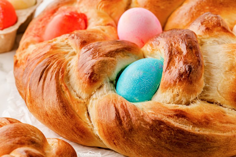 easter bread with eggs baked in Combine the milk mixture with the dry ingredients and beat on medium speed for 2 minutes. Next, add 3 eggs and increase the speed to high, mixing for another 2 minutes. Gradually stir in enough of the remaining flour until you achieve a soft, slightly sticky dough.