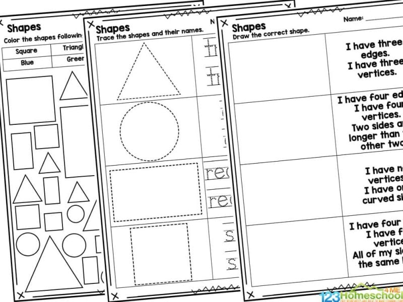 Draw in the shapes to finish the patterns
Trace the shapes and their names
Cut and paste the shapes into the correct columns
One page for each shape - color the shape, trace the shape, draw the shape, count and color the shape
Read the description and draw the correct shape