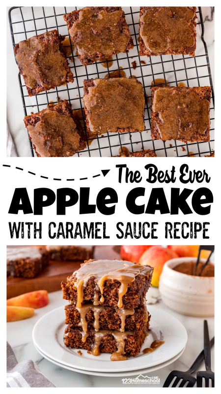 Get ready to make your whole house smell like fall with this delicious apple cake recipe! Our moist autumn cake recipe uses lots of yummy spices, fresh apples, and a caramel butter sauce to finish it off - it truly is the best apple cake recipe ever! Ready to try it? Let's get baking!