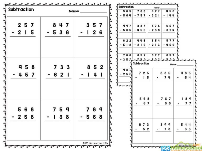 Three Digit Subtraction Worksheets