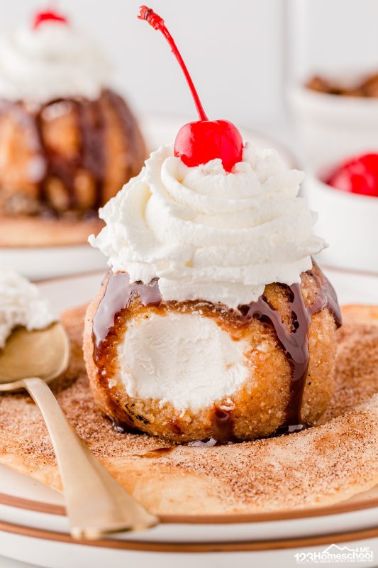 It always amazes me when I take a spoonfull and the ice cream is still solid, not too hard, but perfectly smooth with a fried coating that makes me happy! Enjoy each bite with some of the tortilla base for the best ice cream dessert! How to Make Mexican Fried Ice Cream