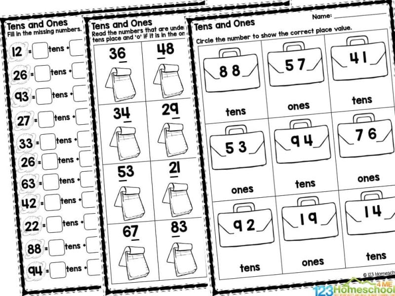Tens and Ones Worksheets Start by scrolling to the bottom of the post, under the terms of use, and click on the text link that says >> ___________<<. The pdf file will open in a new window for you to save your freebie. Now print off the pages.