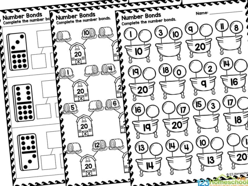 This printable pack contains 11 pages for fun learning activities including:

Count the pictures and complete the number bonds
Complete the number bonds by writing in the missing numbers
Make the number bonds from the dominoes
Fill in the missing numbers in the apples or circles to complete the number bonds
Write the missing number in the bathtubs or bubbles to complete the number bonds