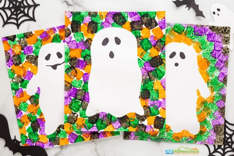Check out this fun and simple sponge painting project for kids to create vibrant ghost art just in time for Halloween!